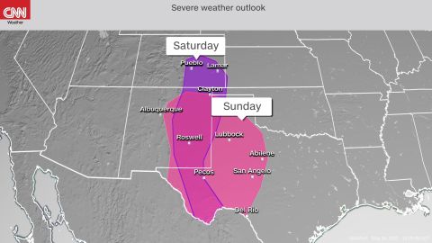 Storm Prediction Center's severe weather outlook, with purple shading indicating the risk on Saturday into Saturday night and the pink shading indicating the risk on Sunday into Sunday night.