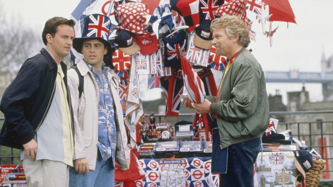 Matthew Perry and Matt LeBlanc shoot a "Friends" scene with Richard Branson in the London episode. Stevens told CNN that the scene was shot on a roof, with hoards of fans below. "We were 100% surrounded by fans, it was like a mob scene," he said.