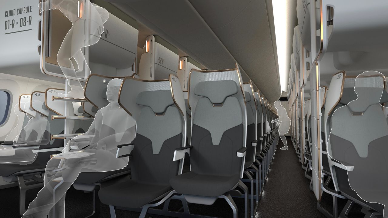 <strong>Increased privacy: </strong>The idea is that a passenger would buy an economy seat ticket, and then as an add-on purchase access to CLOUD CAPSULE to enjoy a private space built into the overhead locker area to work, relax or sleep.