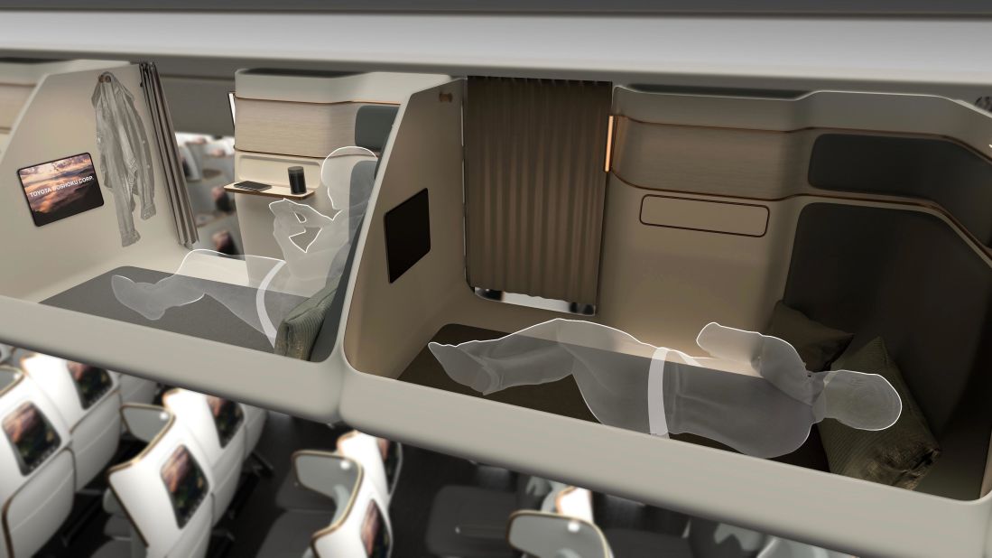 <strong>Overhead locker reimagined</strong>: Meanwhile, Toyota Boshoku's Cloud Capsule Concept reimagines the overhead locker as a kind of capsule bed, to be used by economy passengers mid-flight.