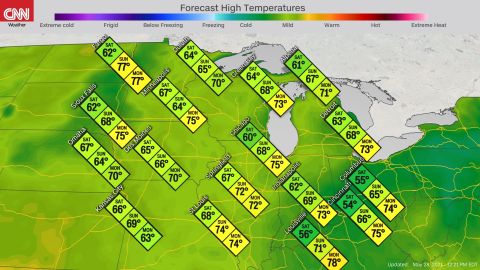 Forecast high temperatures in the Midwest this weekend