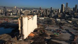 TOPSHOT - An areal view shows Beirut port on May 27, 2021, with the grain silos in the foreground, damaged in a massive explosion on August 4 last year, which killed more than 200 people and injured scores of others. (Photo by DYLAN COLLINS / AFP) (Photo by DYLAN COLLINS/AFP via Getty Images)