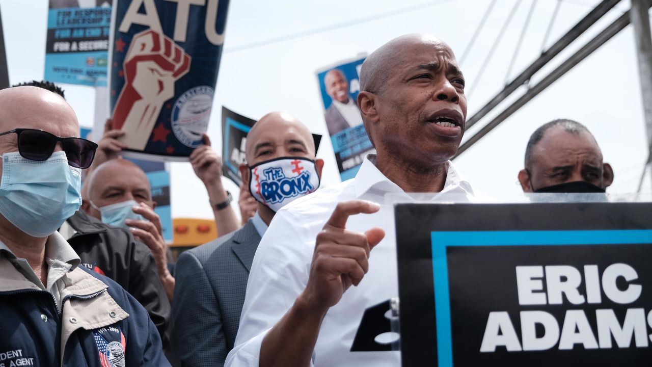Eric Adams, Brooklyn Borough President and a Democratic mayoral candidate, speaks after receiving the endorsement from the Amalgamated Transit Union (ATU) in the Bronx on May 7, 2021 in New York City. 