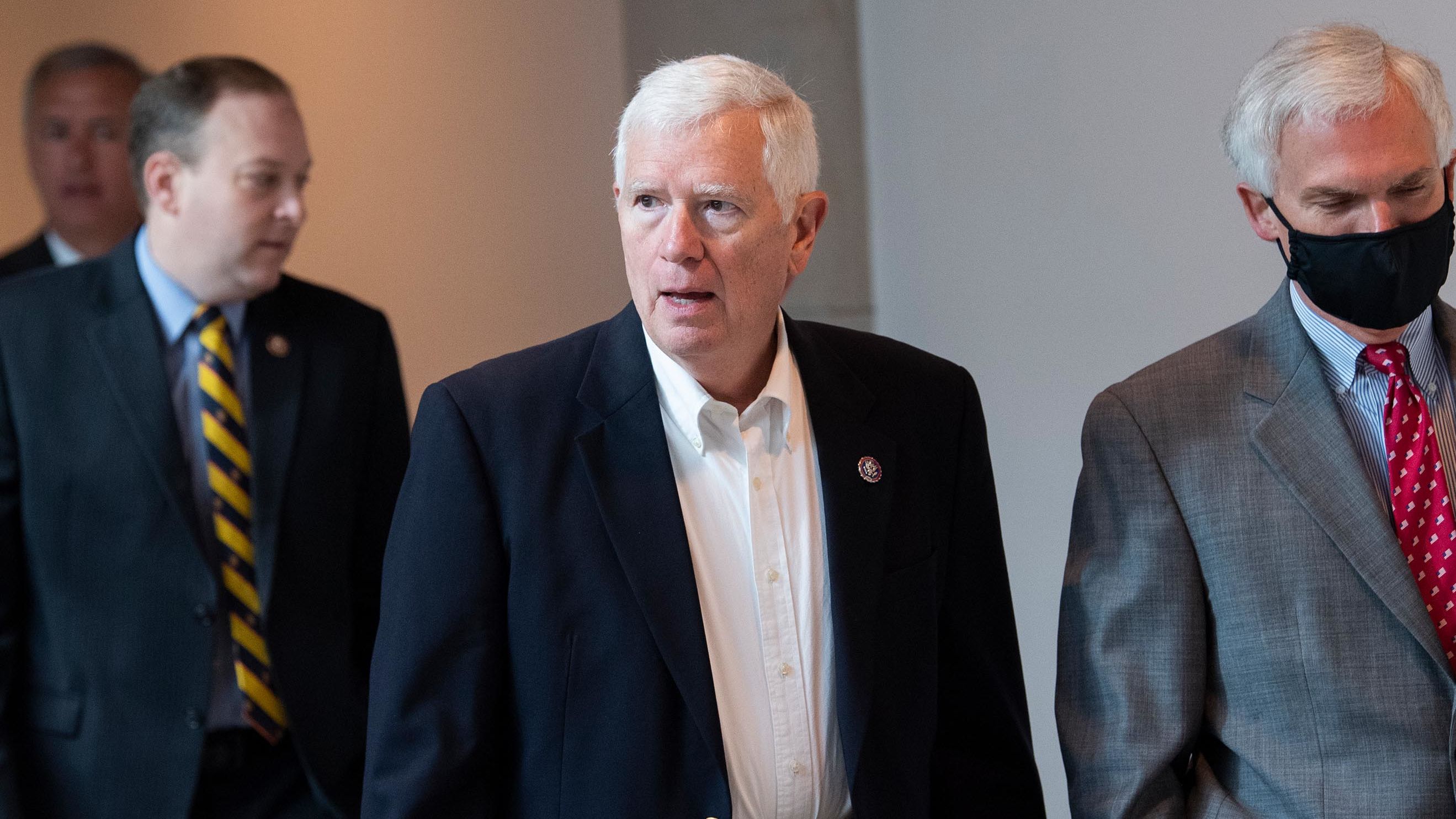 Rep. Mo Brooks, at center, isseen in the Capitol Visitor Center earlier this month.