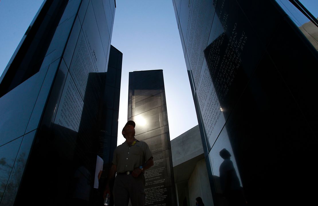 The Los Angeles Holocaust Monument stands against a cloudless sky as members of the Jewish community observe Holocaust Remembrance Day at Pan Pacific Park in Los Angeles on May 1, 2011. 