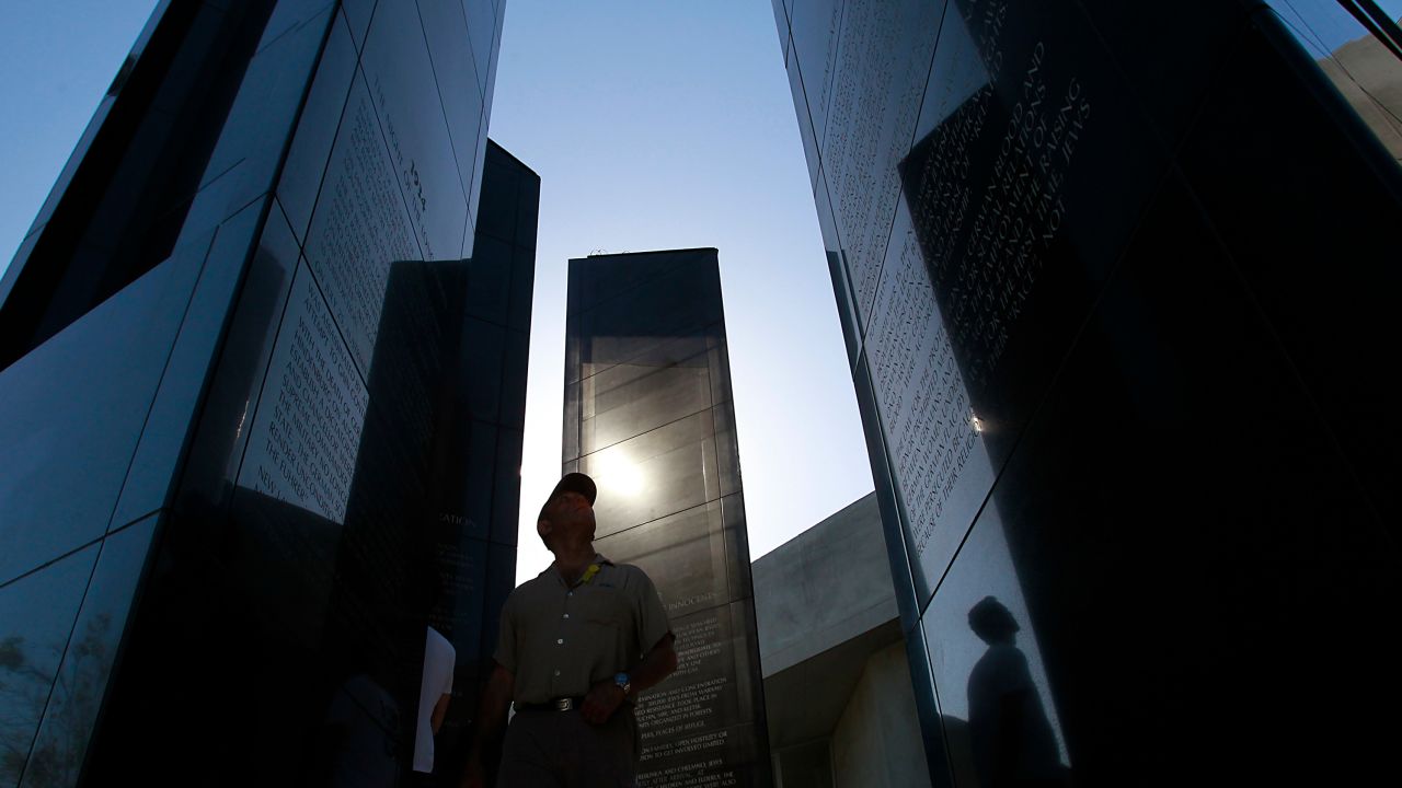 The Los Angeles Holocaust Monument stands against a cloudless sky as members of the Jewish community observe Holocaust Remembrance Day at Pan Pacific Park in Los Angeles on May 1, 2011. 