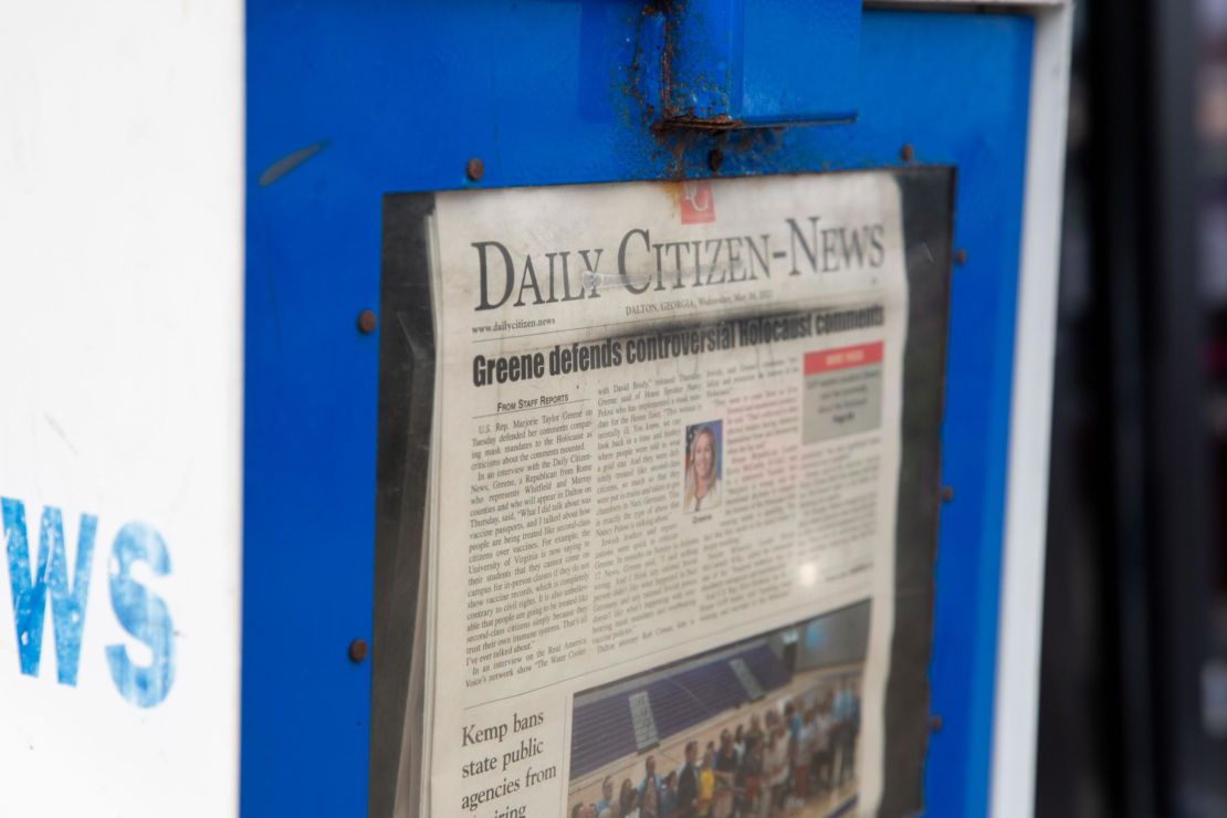 The front page of the Daily Citizen-News is seen in Dalton on Thursday.