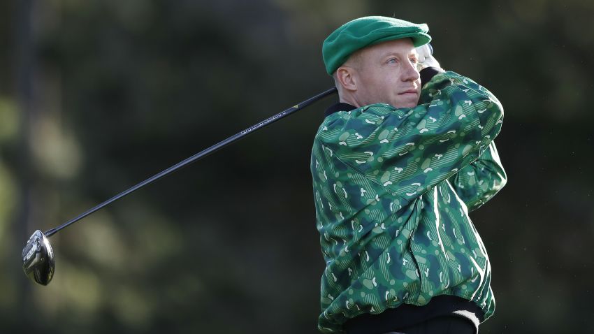PEBBLE BEACH, CALIFORNIA - FEBRUARY 05: Rapper Macklemore plays his shot from the fourth tee during a practice round prior to the AT&T Pebble Beach Pro-Am at Monterey Peninsula Country Club on February 05, 2020 in Pebble Beach, California. (Photo by Michael Reaves/Getty Images)