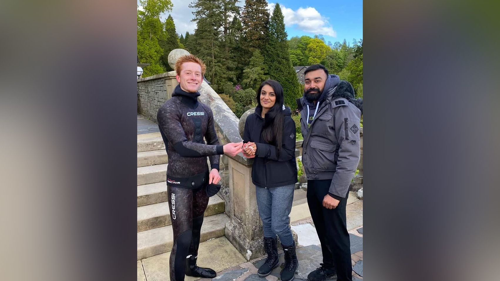 Diver Angus Hosking and couple Rebecca Chaukria and Viki Patel.