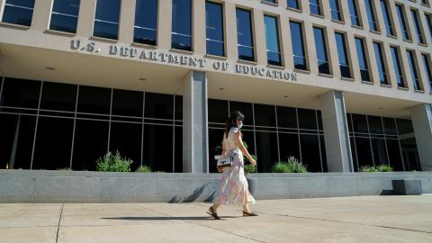 A person walks past the US Department of Education building in Washington, DC, on Monday, August 17, 2020. 