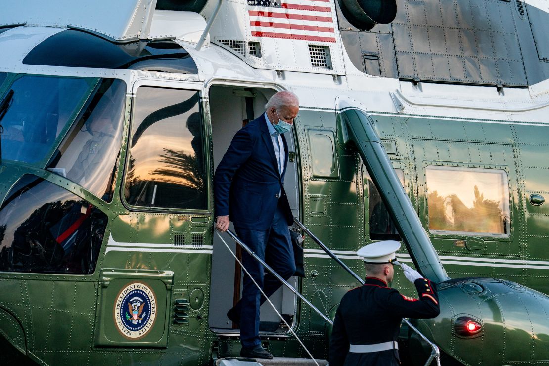 President Joe Biden steps off Marine One earlier this month after spending the weekend at Camp David.