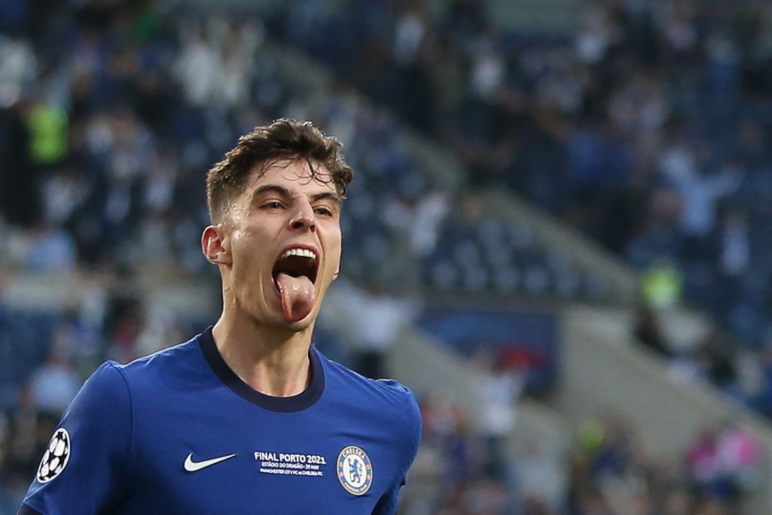 Kai Havertz celebrates after scoring his team's goal during the UEFA Champions League final.