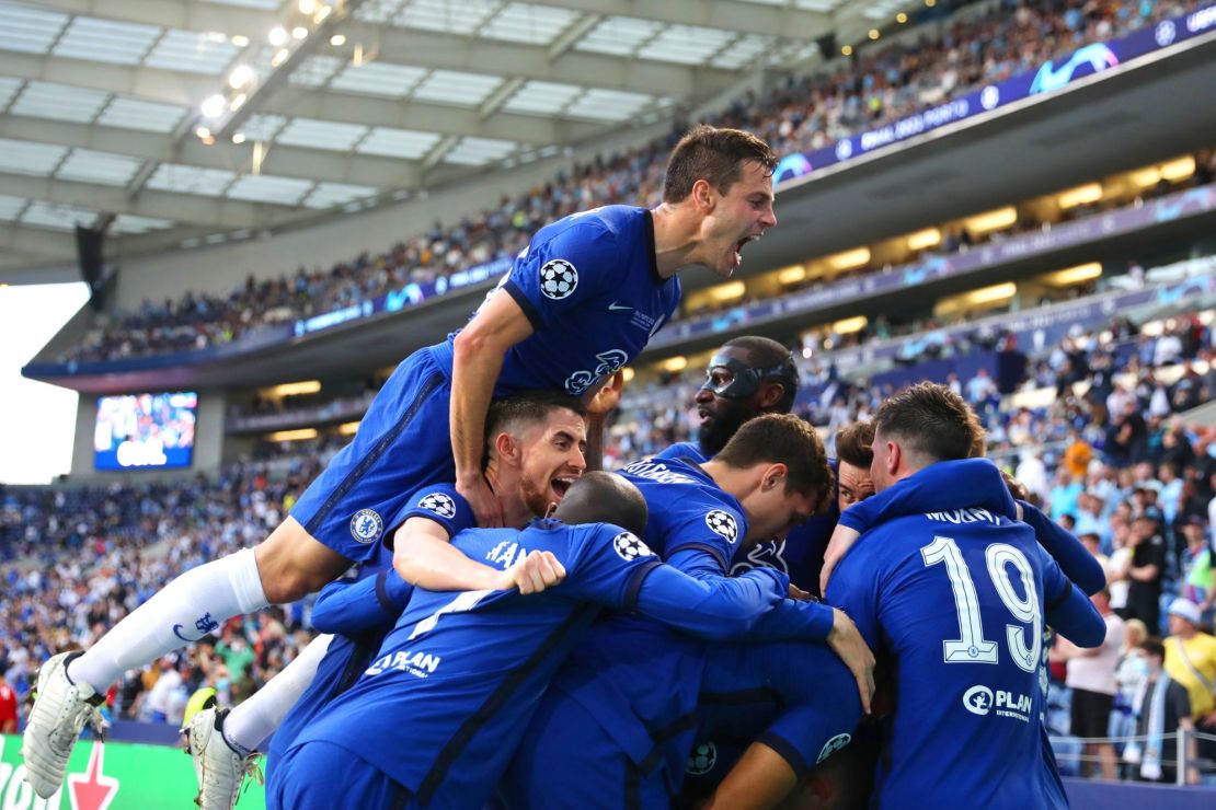 Chelsea players celebrate after Havertz scored in the first half.