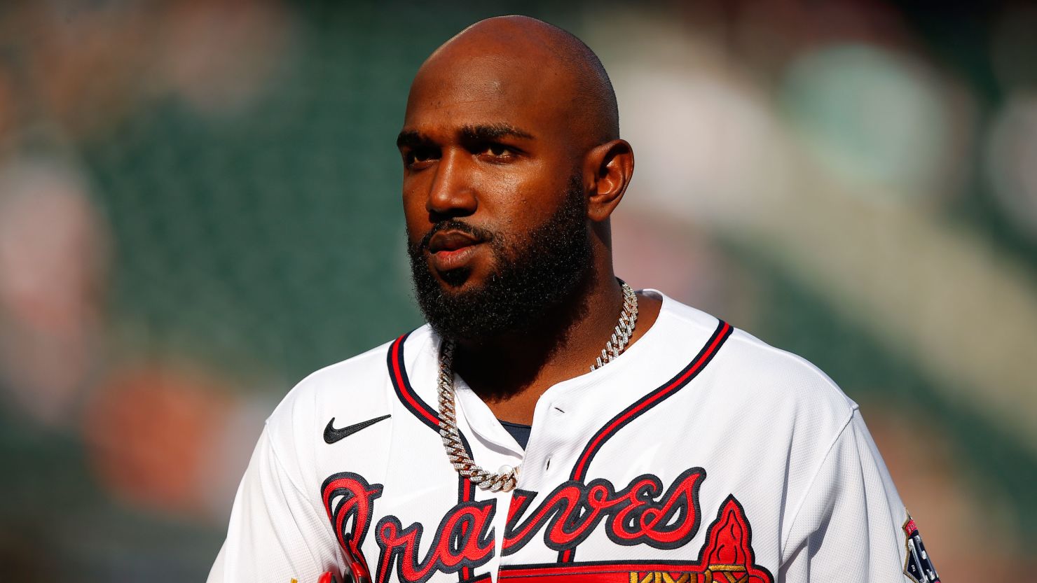 Marcell Ozuna of the Atlanta Braves looks on in the fifth inning of a game against the Arizona Diamondbacks at Truist Park on April 25, 2021 in Atlanta.