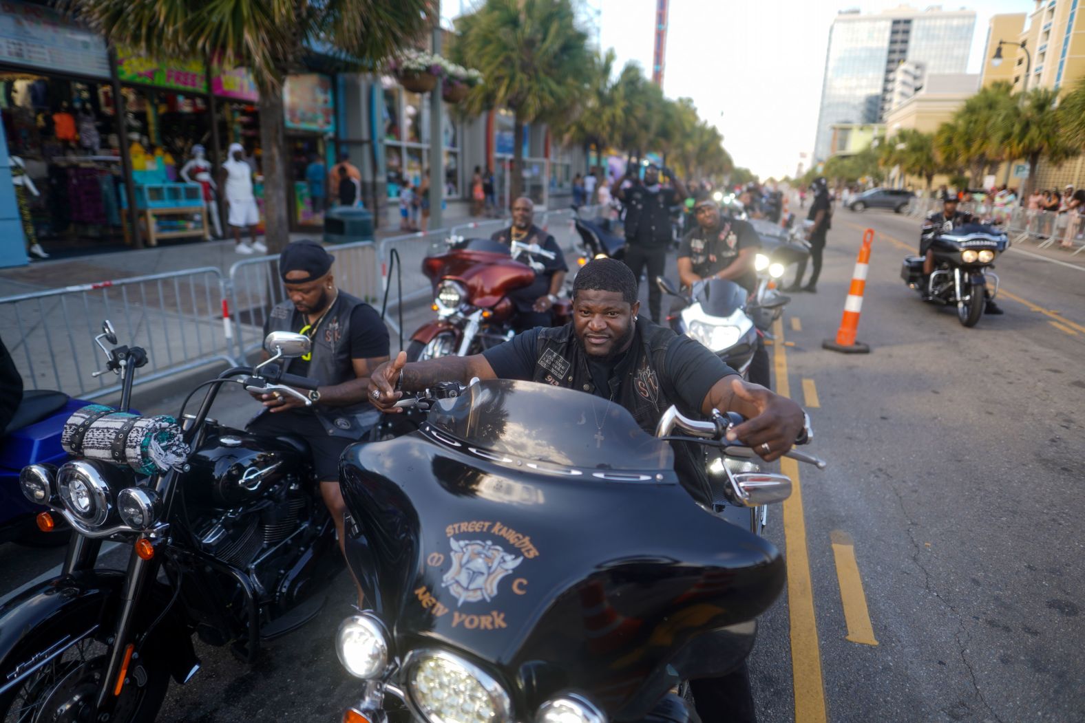 Motorcyclists wait for traffic along North Ocean Boulevard in Myrtle Beach, South Carolina.