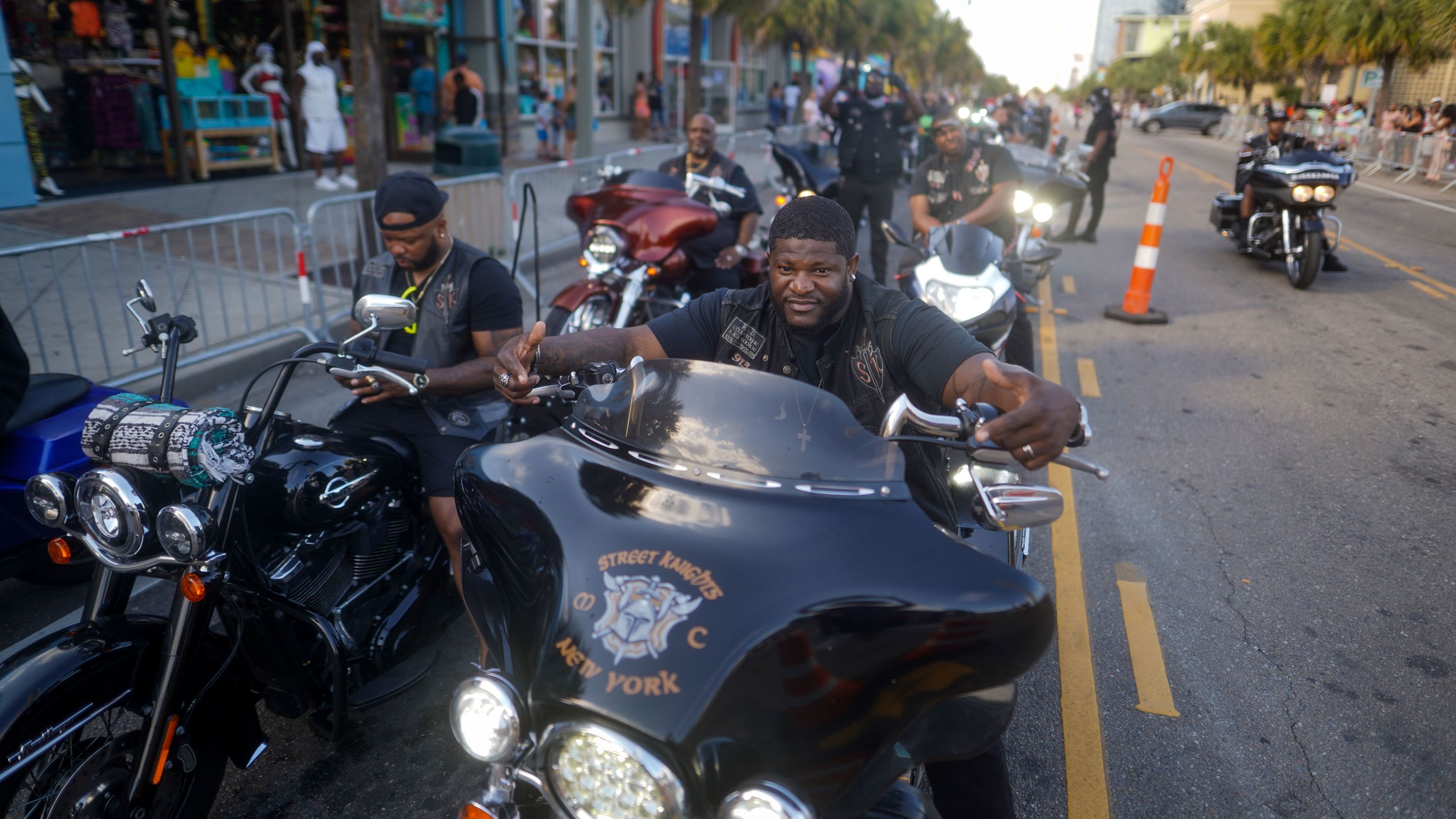 Motorcyclists wait for traffic along North Ocean Boulevard in Myrtle Beach, South Carolina.