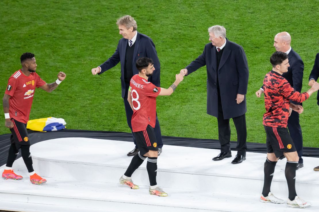 Sir Alex Ferguson (c) was part of the medal ceremony after the Europa League final this year. 
