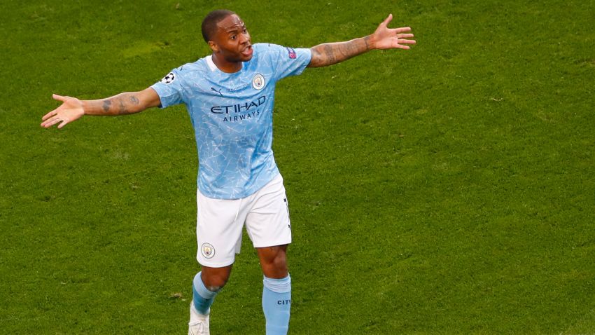 Manchester City's English forward Raheem Sterling reacts during the UEFA Champions League final football match between Manchester City and Chelsea at the Dragao stadium in Porto on May 29, 2021. (Photo by SUSANA VERA / POOL / AFP) (Photo by SUSANA VERA/POOL/AFP via Getty Images)