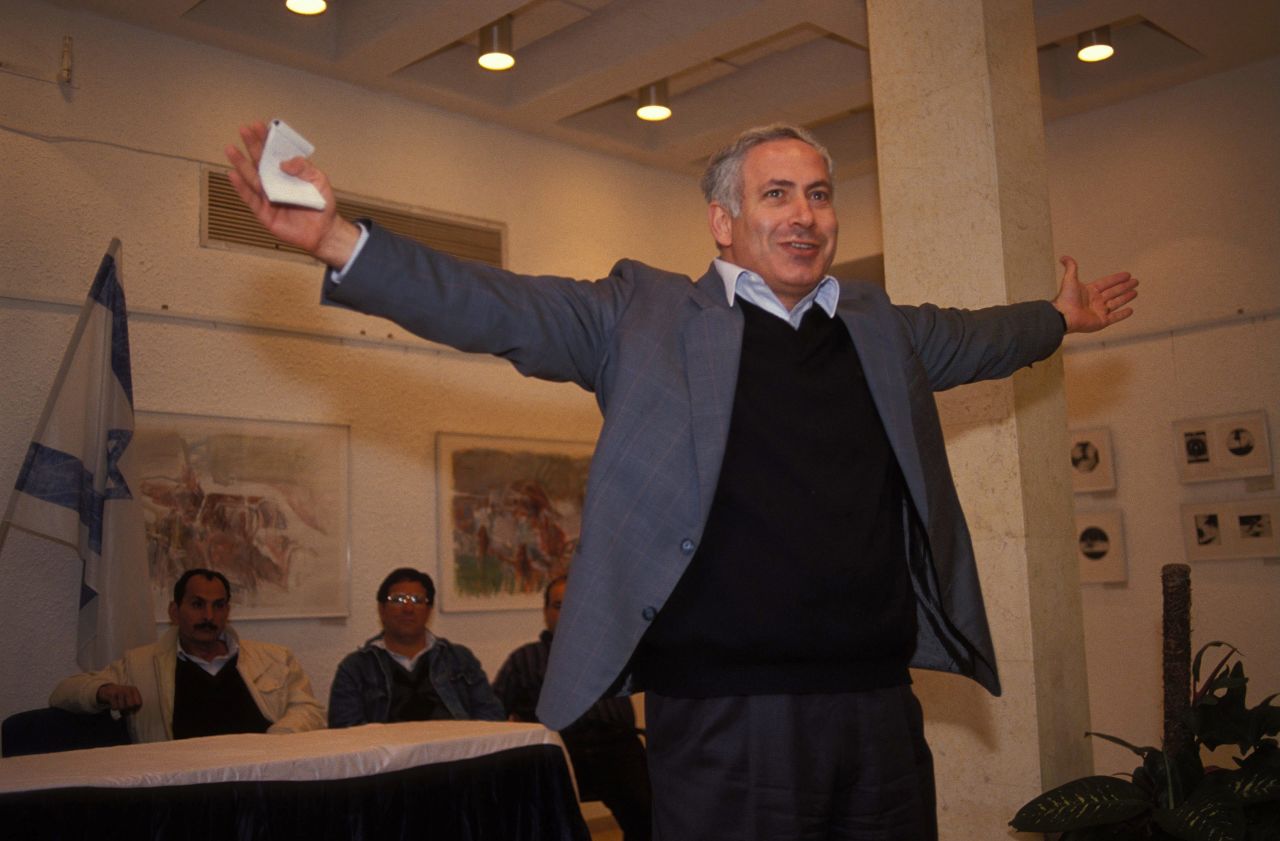 Netanyahu celebrates after being elected chairman of the right-wing Likud party on March 21, 1993.