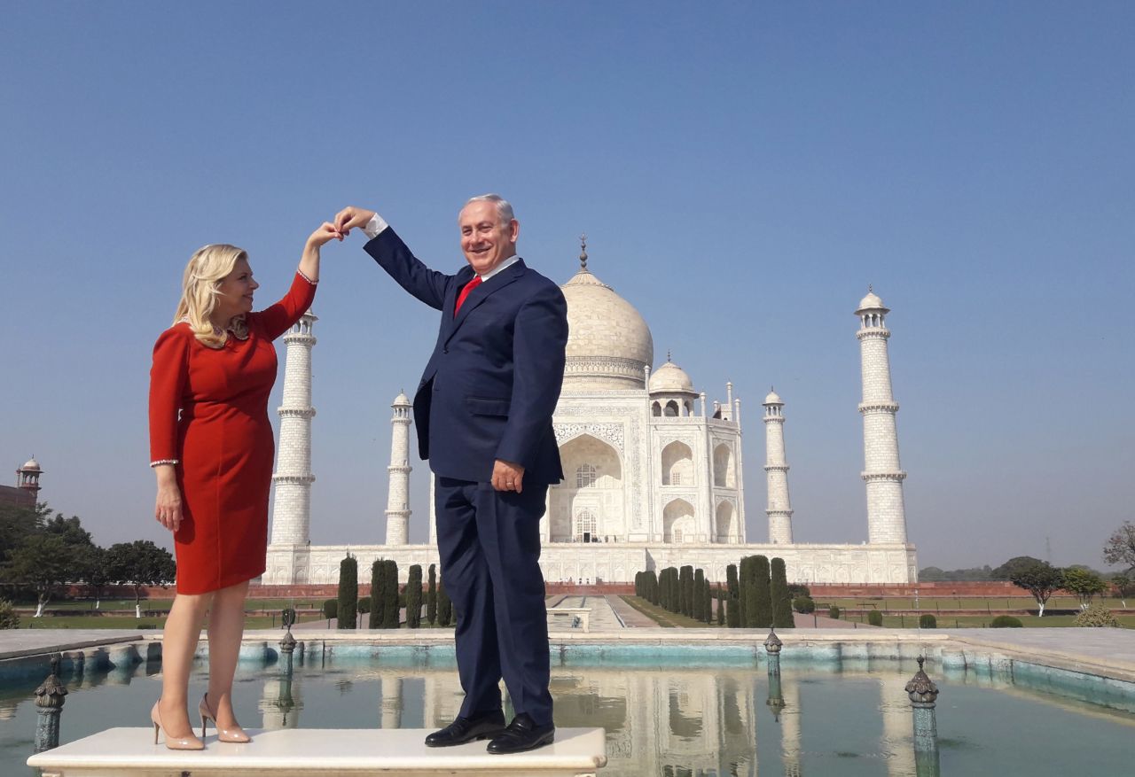 Netanyahu and his wife, Sara, pose for a photo at the Taj Mahal in Agra, India, in January 2018.