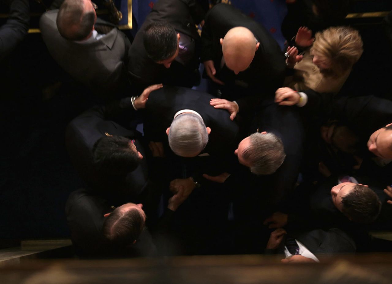 Netanyahu is greeted by members of US Congress as he arrives to speak in the House chamber in March 2015. He warned that a proposed agreement between world powers and Iran was "a bad deal" that would not stop Tehran from getting nuclear weapons.