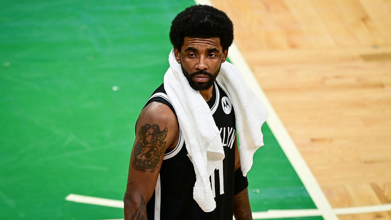 Kyrie Irving #11 of the Brooklyn Nets looks on during Game Four of the Eastern Conference first round series against the Boston Celtics at TD Garden on May 30, 2021 in Boston, Massachusetts.