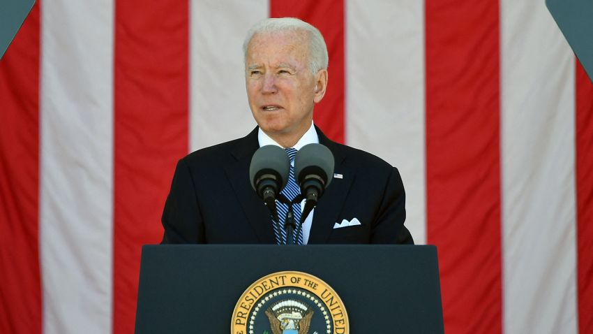 US President Joe Biden delivers an address at the 153rd National Memorial Day Observance at  Arlington National Cemetery on Memorial Day in Arlington, Virginia on May 31, 2021. (Photo by MANDEL NGAN / AFP) (Photo by MANDEL NGAN/AFP via Getty Images)
