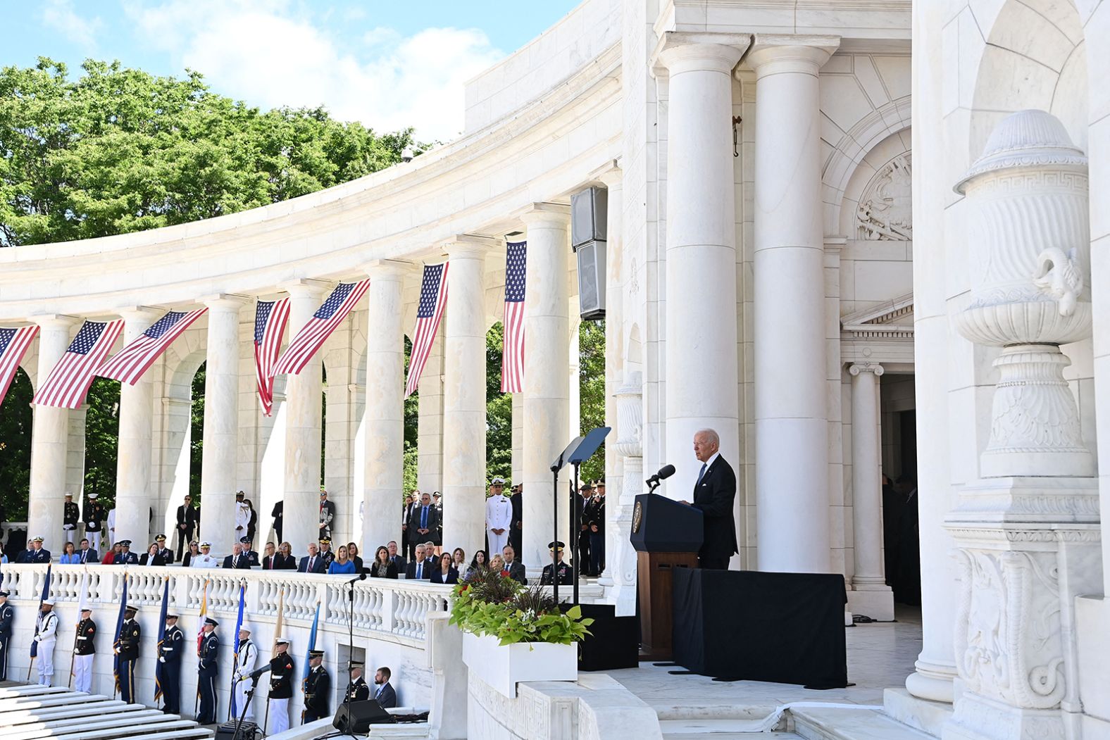President Joe Biden delivers an address at Arlington National Cemetery on Monday. "We owe the honored dead a debt we can never fully repay," he said in <a href="https://www.cnn.com/2021/05/31/politics/biden-memorial-day/index.html" target="_blank">his speech.</a> "We owe them our whole souls. We owe them our full best efforts to perfect the union for which they died."