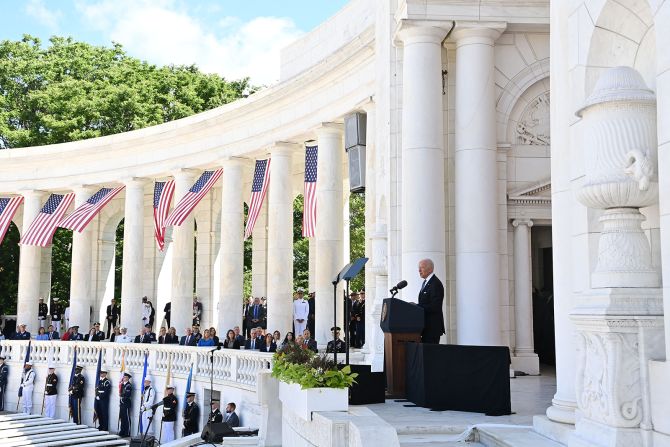 President Joe Biden delivers an address at  Arlington National Cemetery on Monday. "We owe the honored dead a debt we can never fully repay," he said in <a href="https://www.cnn.com/2021/05/31/politics/biden-memorial-day/index.html" target="_blank">his speech.</a> "We owe them our whole souls. We owe them our full best efforts to perfect the union for which they died."