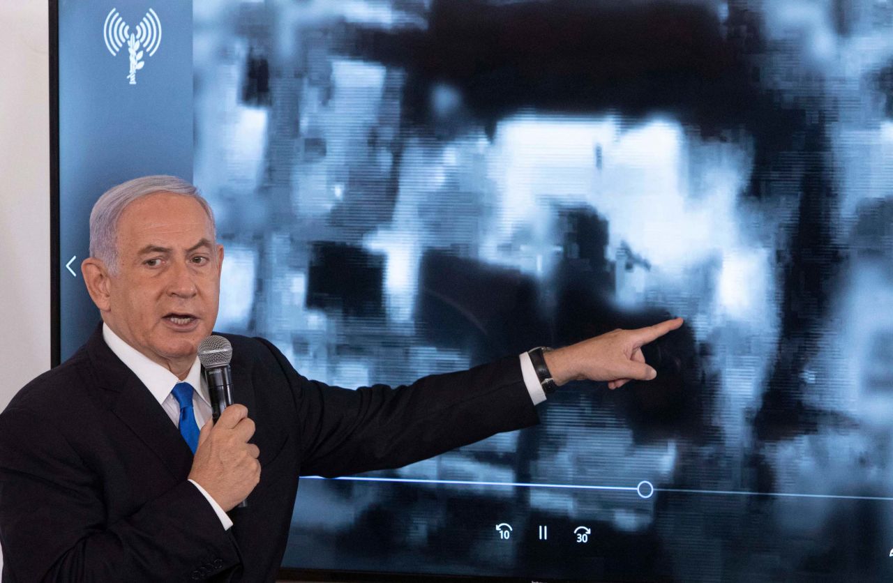 Netanyahu briefs ambassadors at the Hakirya military base in Tel Aviv, Israel, in May 2021. Fighting erupted between Israelis and Palestinians on May 10 as Palestinian militants in Gaza started firing rockets at Israel, which responded with airstrikes across Gaza. It was one of the area's worst rounds of violence since the 2014 Gaza War.