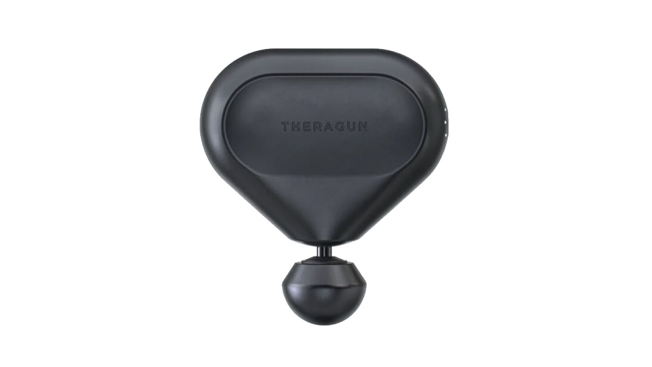 A triangular black massage gun against a white background.