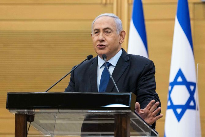Netanyahu delivers a statement in Jerusalem in May 2021, after Naftali Bennett, leader of the small right-wing party Yamina, <a href="index.php?page=&url=https%3A%2F%2Fwww.cnn.com%2F2021%2F05%2F30%2Fmiddleeast%2Fisrael-naftali-bennett-benjamin-netanyahu%2Findex.html" target="_blank">announced that he would be working toward a coalition agreement</a> with Yair Lapid, leader of the centrist party Yesh Atid, to join a new government. Netanyahu denounced Bennett as a man who cared about nothing other than becoming prime minister.