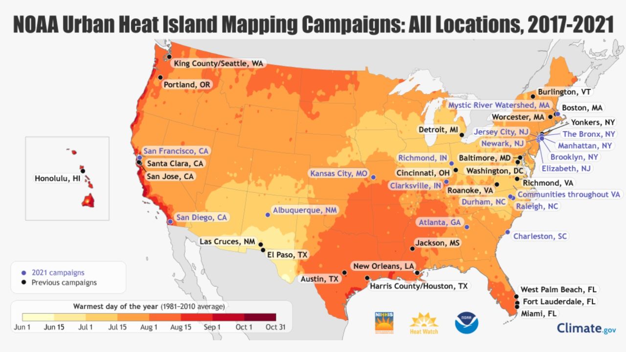 Map of current and previous urban heat island campaigns conducted by NOAA. The coding represents the typical hottest day of the year. The darker the color, the later in the year the hottest day typically arrives.