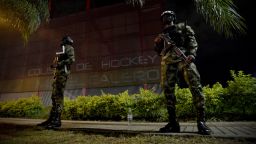 Soldiers stand on patrol outside the "Migual Calero" jockey coliseum a day after protests against the government of Colombian President Iván Duque on May 29, 2021 in Cali, Colombia.