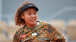 Naomi Osaka of Japan during practice on Court Philippe-Chatrier during a practice match against Ashleigh Barty of Australia  in preparation for the 2021 French Open Tennis Tournament at Roland Garros on May 2pm 6th 2021 in Paris, France.