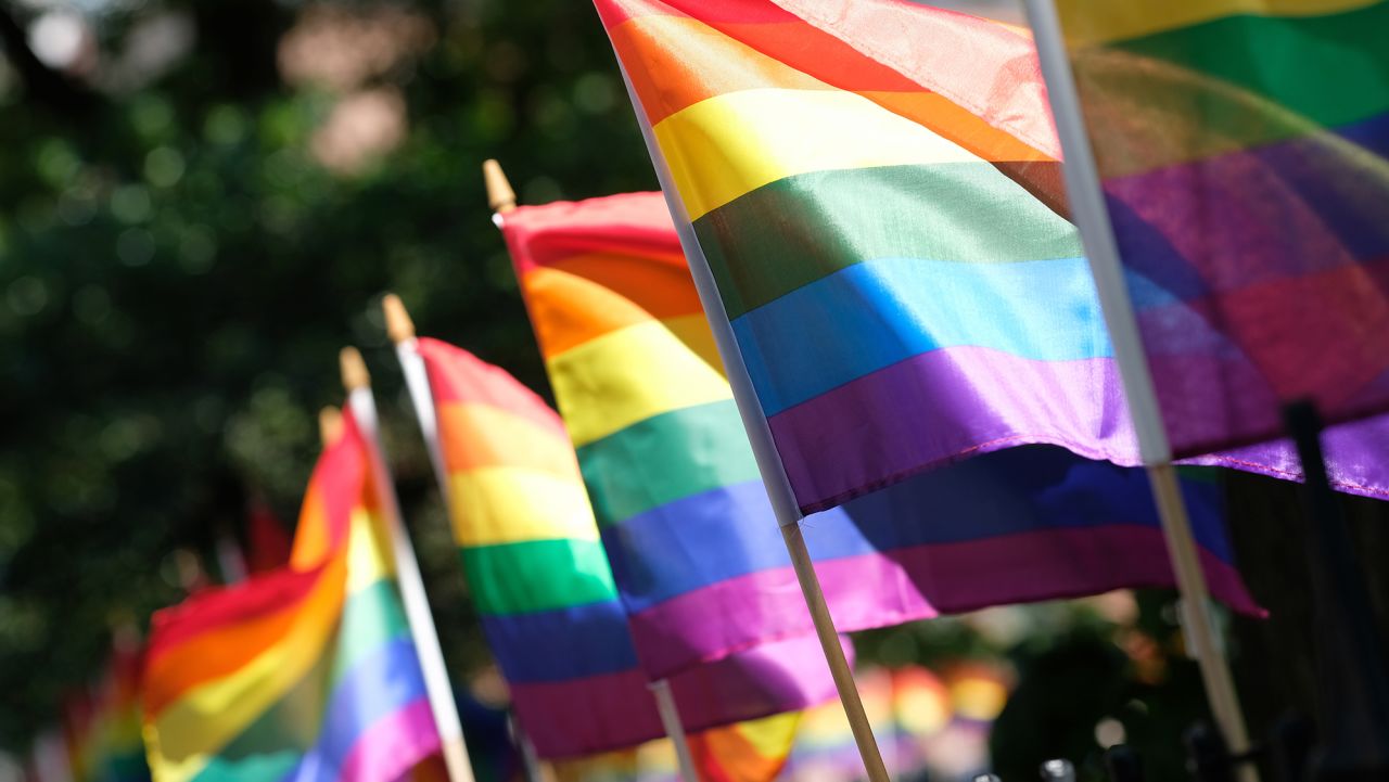 Pride Flags decorate Christopher Park on June 22, 2020 in New York City. Due to the ongoing Coronavirus pandemic, this year's march had to be canceled over health concerns. The annual event, which sees millions of attendees, marks it's 50th anniversary since the first march following the Stonewall Inn riots.on June 22, 2020 in New York City. (Photo by Dimitrios Kambouris/Getty Images,)