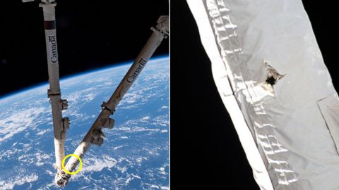 Images show damage to a robotic arm located outside of the International Space Station. 