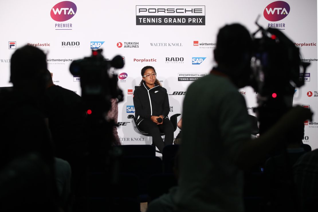 Naomi Osaka attends a press conference during the Porsche Tennis Grand Prix at Porsche-Arena in 2019.