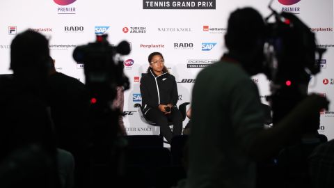 Naomi Osaka attends a press conference during the Porsche Tennis Grand Prix at Porsche-Arena in 2019.