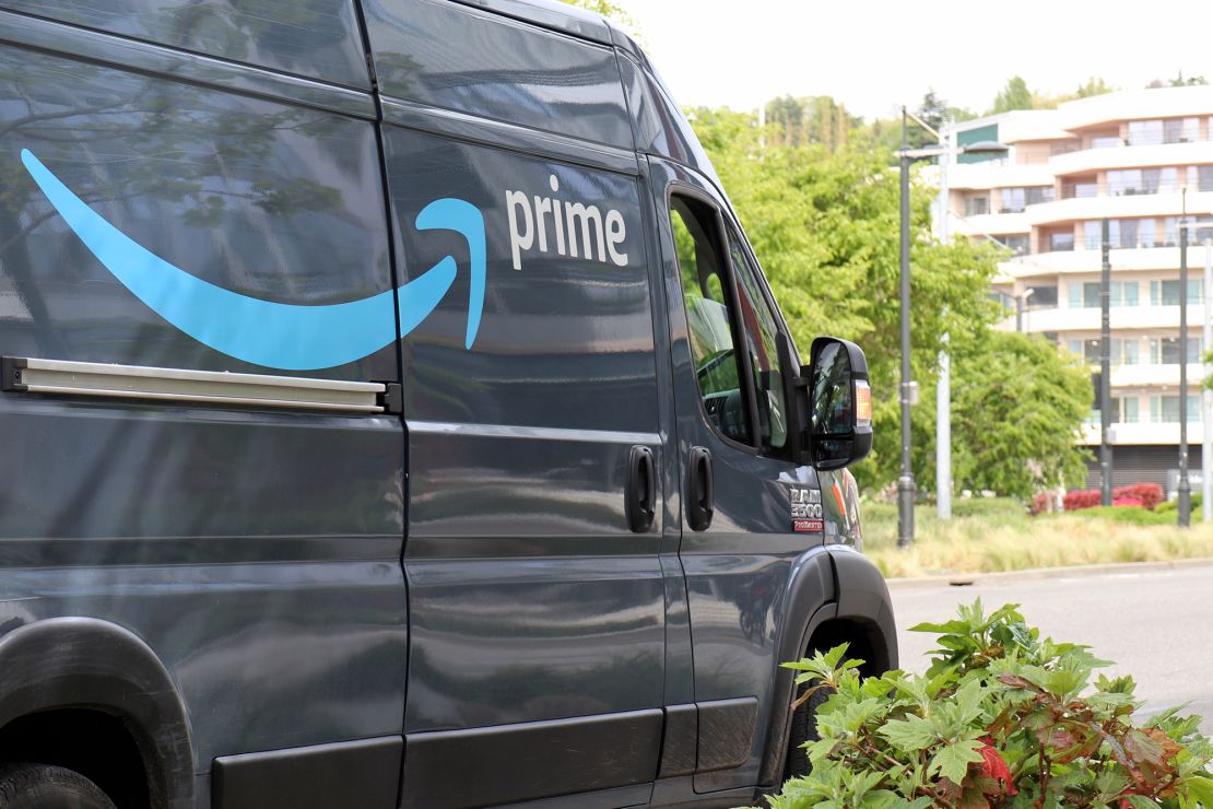 An Amazon Prime delivery van is seen in Seattle on April 27, 2021. 