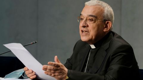 Mons. Filippo Iannone speaks during a press conference to illustrate changes in the Church's Canon law, at the Vatican, Tuesday, June 1, 2021.
