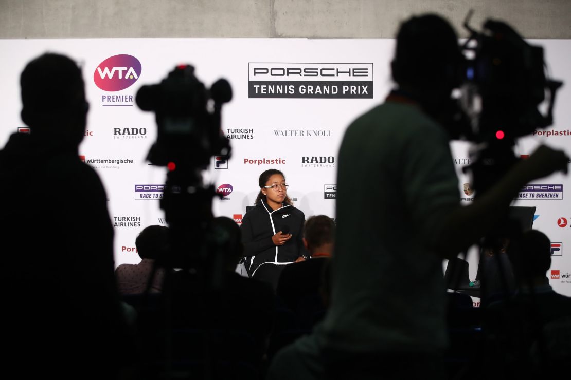 Osaka attends a press conference during day six of the Porsche Tennis Grand Prix at Porsche-Arena on April 27, 2019 in Stuttgart, Germany.