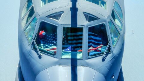The B-52 Stratofortress displays a US flag as it engages in the NATO exercise on Memorial Day.