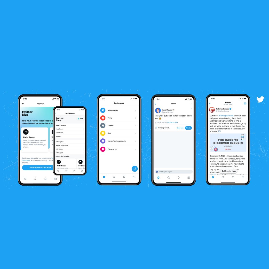What Twitter Blue looks like including the features Bookmark Folders, Undo Tweet and Reader Mode 