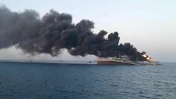 Smoke rises from Iran navy's largest ship in Jask port in the Gulf, Iran, June 2, 2021. WANA (West Asia News Agency) via REUTERS ATTENTION EDITORS - THIS IMAGE HAS BEEN SUPPLIED BY A THIRD PARTY.
