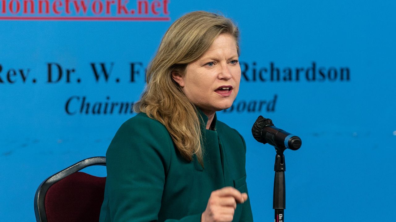 Mayoral candidate Kathryn Garcia speaks as Reverend Al Sharpton moderates mayoral candidate forum at NAN headquarters in New York on May 25, 2021.