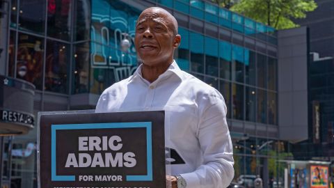 New York City mayoral candidate and Brooklyn Borough President Eric Adams speaks at a press conference on anti-Semitism and hate crimes at Times Square. 