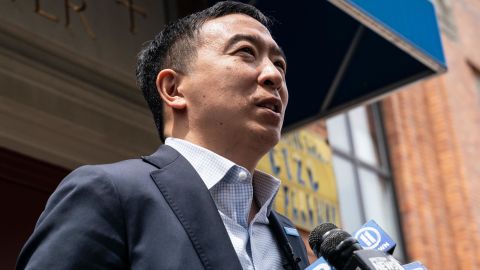 Mayoral candidate Andrew Yang addresses media after visit Saint Athanasius Catholic Academy in New York on June 1, 2021. 