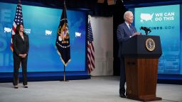 US President Joe Biden, with Vice President Kamala Harris, speaks on Covid-19 response and vaccinations in the South Court Auditorium of the Eisenhower Executive Office Building, next to the White House, in Washington, DC, on June 2, 2021. (Photo by MANDEL NGAN / AFP) (Photo by MANDEL NGAN/AFP via Getty Images)