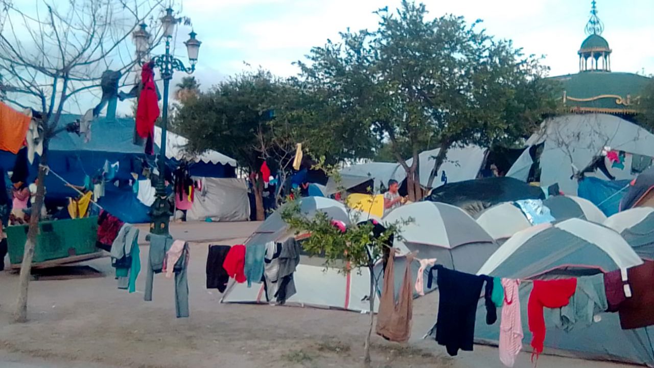  A tent city has been erected by migrants in a public park in Reynosa, Mexico. The trees in the park are connected by clothes lines as migrants, mostly from Central America, make the park their home